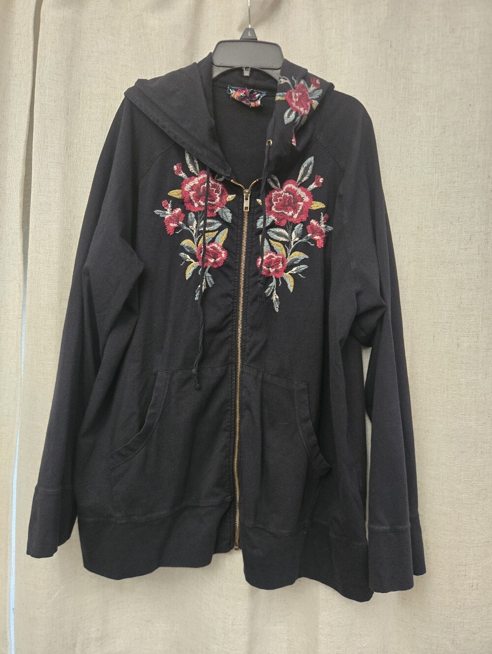 Johnny Was Floral Embroidered Black Zip Hoodie Jacket XL Boho